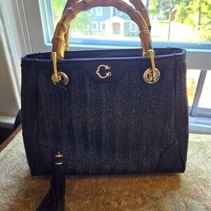C. Wonder Black Woven Satchel with Bamboo W Handles